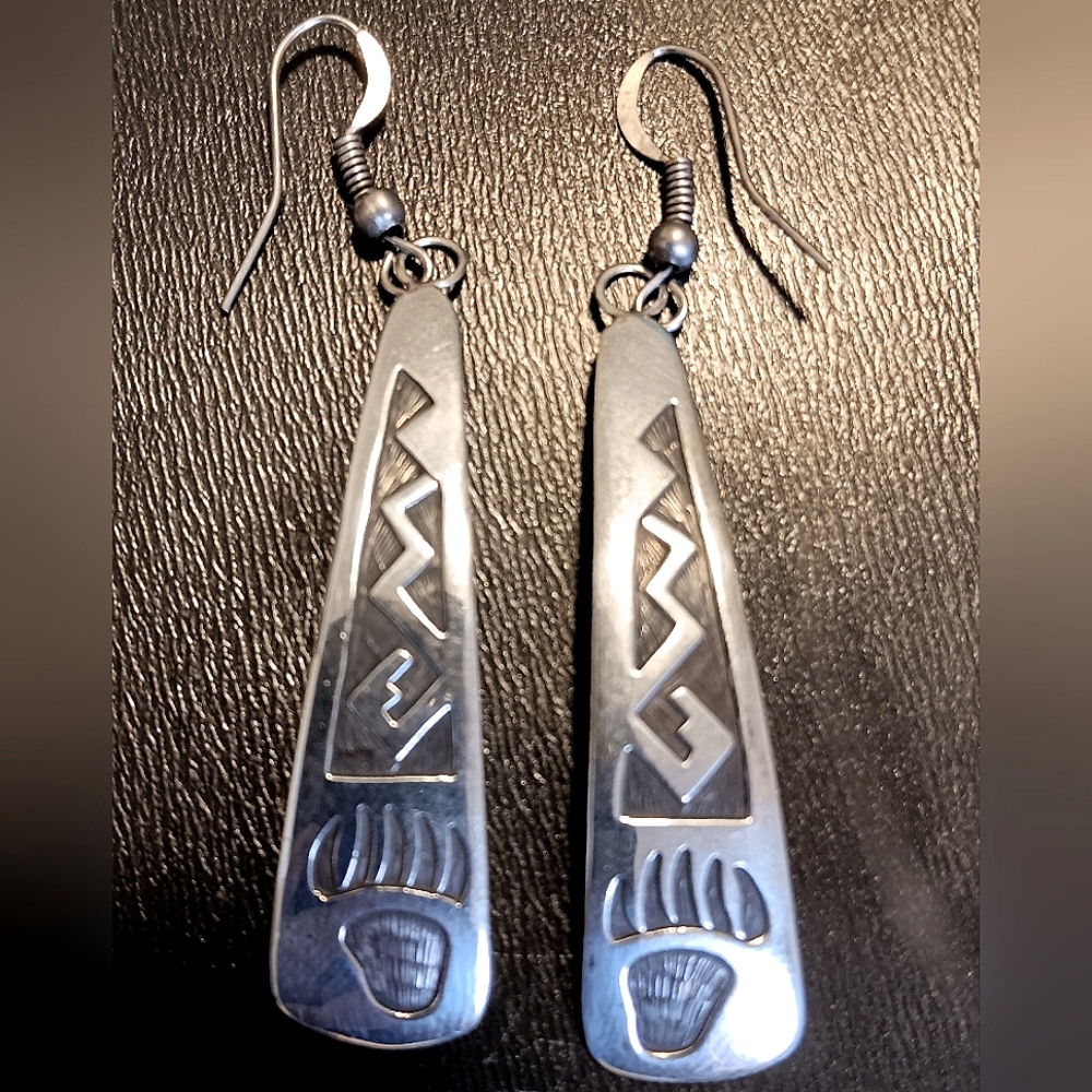 Native American Sterling Silver Bear Paw Hook Dangle Earrings